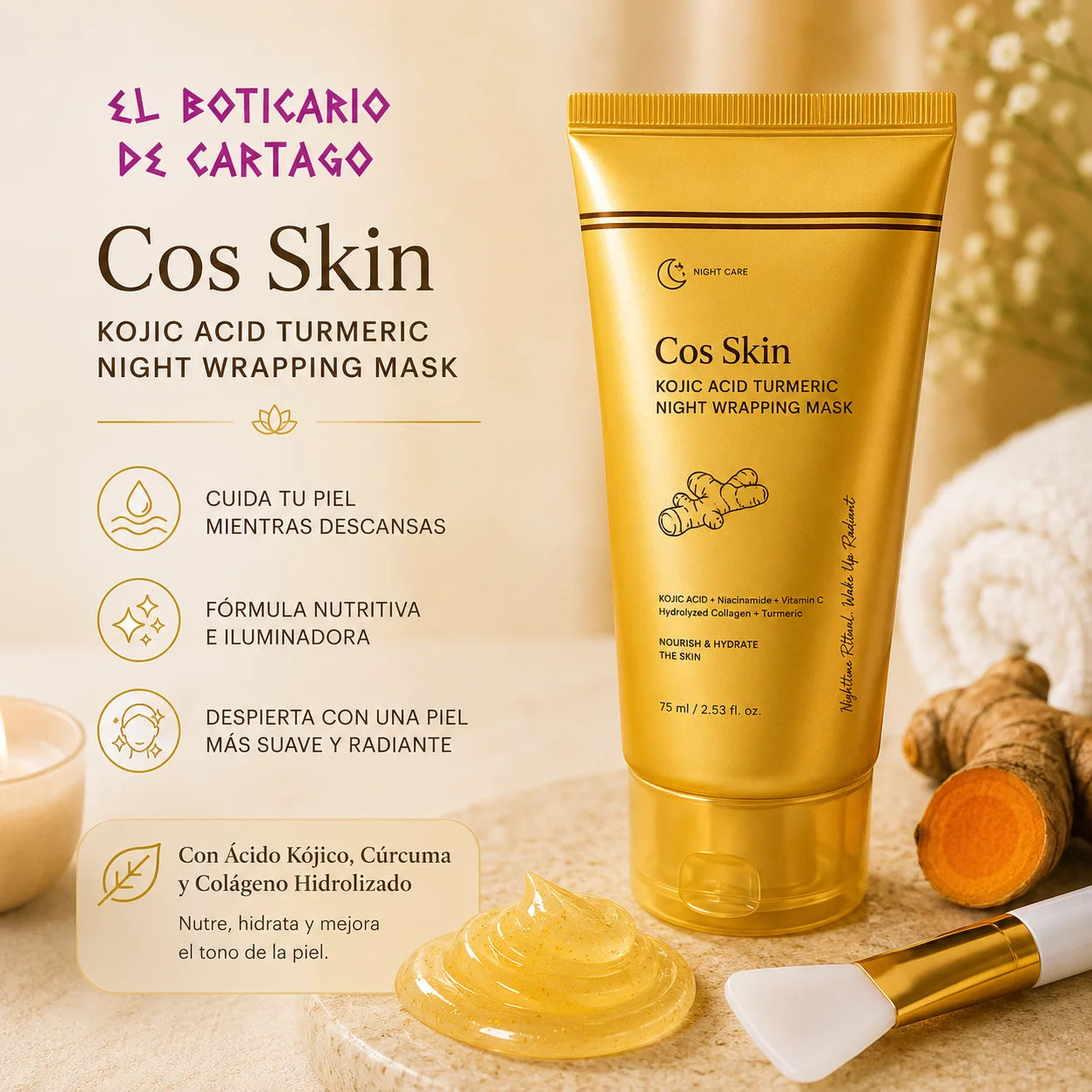 Textura de mascarilla facial efecto glow con ácido kójico y cúrcuma sobre superficie estilo spa premium.